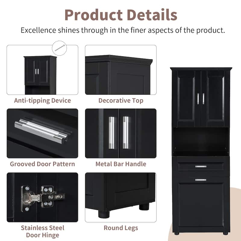 Tilt Out Laundry Hamper Tall Bathroom Cabinet Laundry Organizer with Drawer, Shelf and Upper Storage Cabinet, Black
