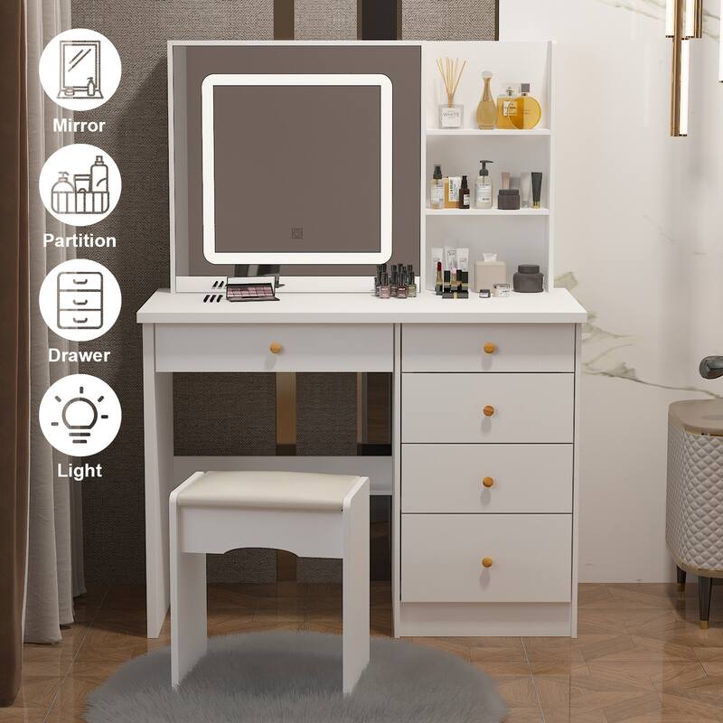 Kerrogee Makeup Vanity Set with Adjustable Lighted Mirror & Stool - 39.4"L x 19.7"W x 53.5"H