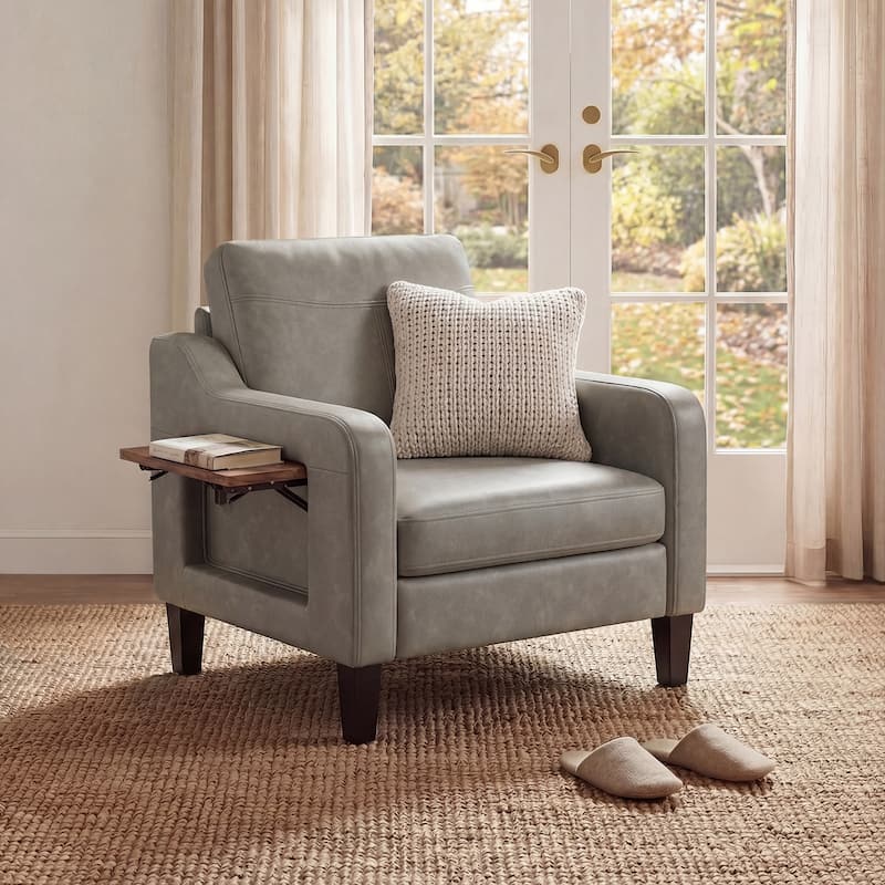 Modern Accent Chair with Wooden Armrest Comfortable Single Sofa Armchair for Living Room Bedroom Reading - Grey