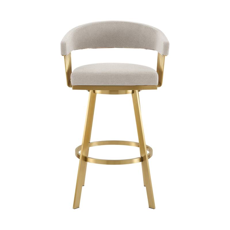 HomeRoots 30" Taupe and Gold Fabric and Stainless Steel Low Back Bar Height Swivel Bar Chair