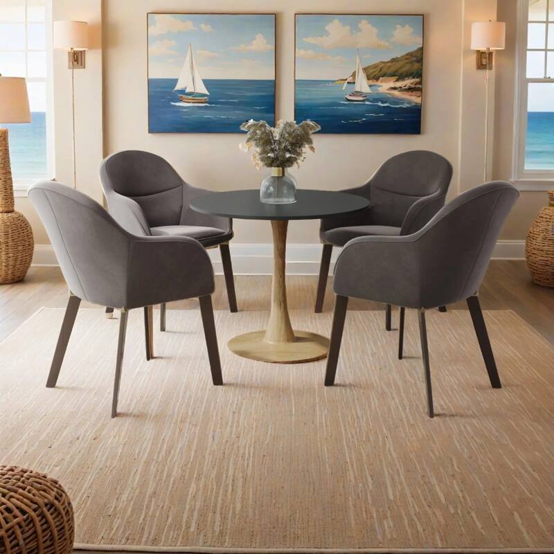 Bristol 27" Round Dining Table with MDF Top and Natural Wood Steel Pedestal Base for Modern Kitchen and Dining Room