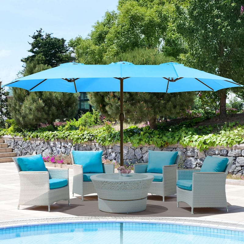 Aoodor 15ft Outdoor Double Sided Market Patio Umbrella with Base Stand - LIGHT BLUE