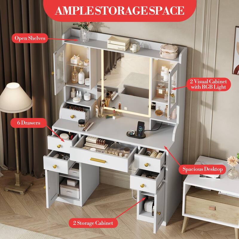 41" Vanity Desk with Mirror and Lights, Makeup Vanity with 6 Drawers, Storage Shelves