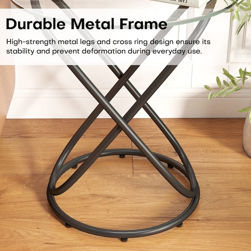 Tempered Glass Round Side/End Table with Metal Legs - 19.7"Dia Top x 21.7"H x 15.6"Dia Base