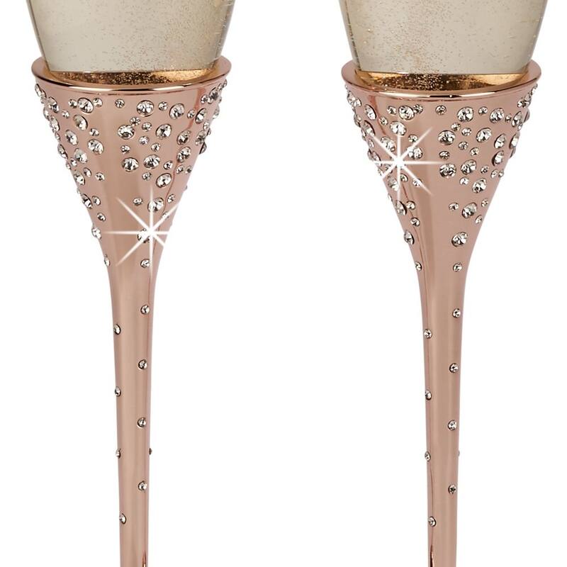 10.5" Rose Gold Champagne Flutes Set of 2 Crystal-Studded Wine Glasses for Parties & Events - 10.5"H