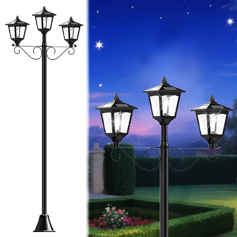 72" Triple-Head Solar Lamp Post Light Waterproof Antique LED Outdoor Garden Light - Black