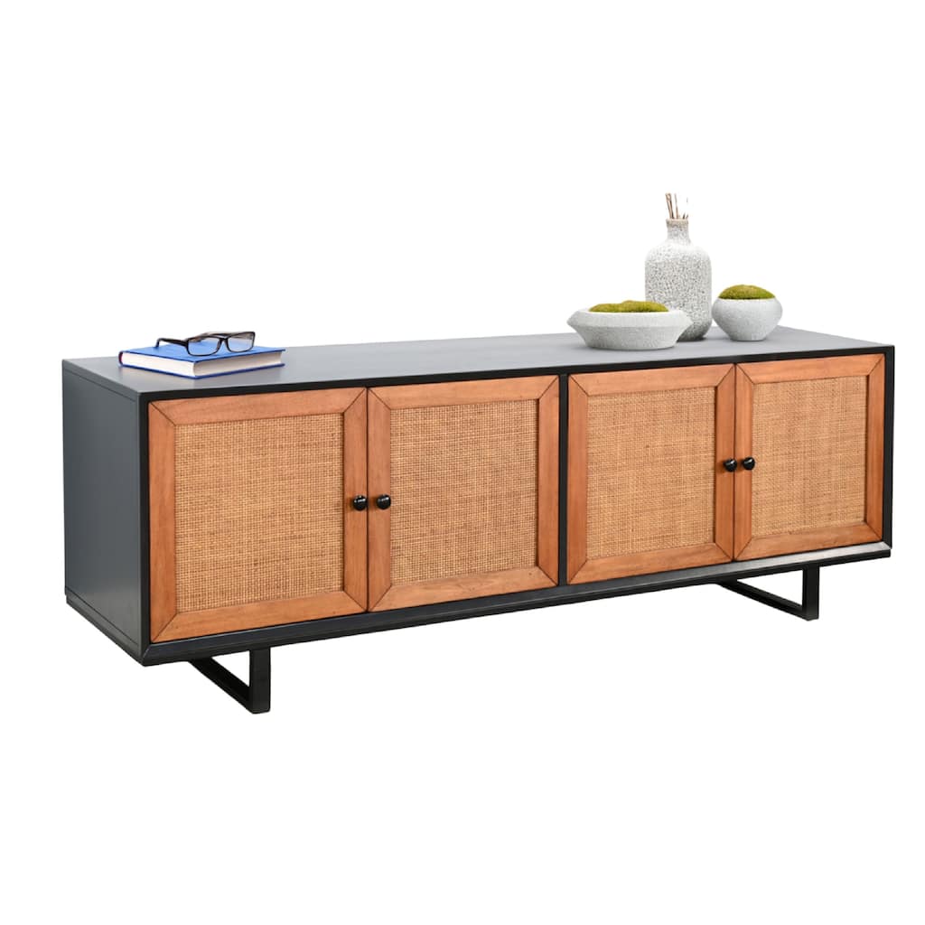 Addy Sideboard Accent Cabinet, 4 Natural Woven Cane Doors, Black Mahogany