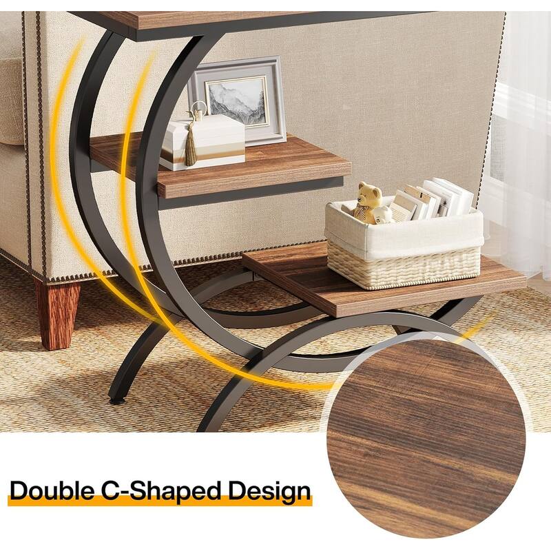 C-Shaped End Table, Industrial 3-Tier Side Table, Wood Bedside Table