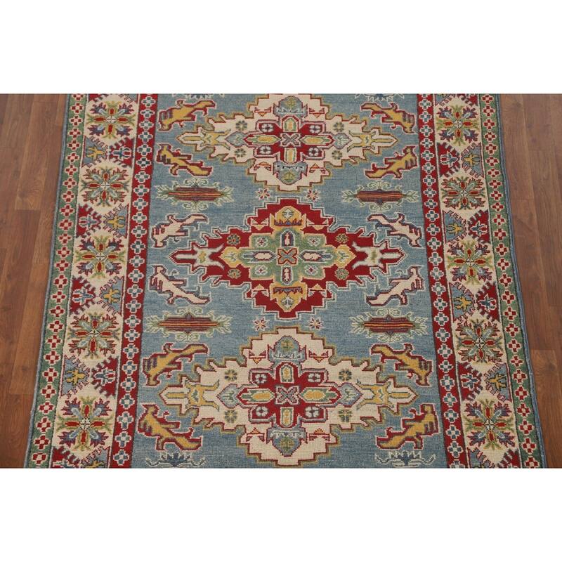 Light Blue Geometric Kazak Area Rug Hand-Knotted Wool Carpet - 4'10" x 6'7"
