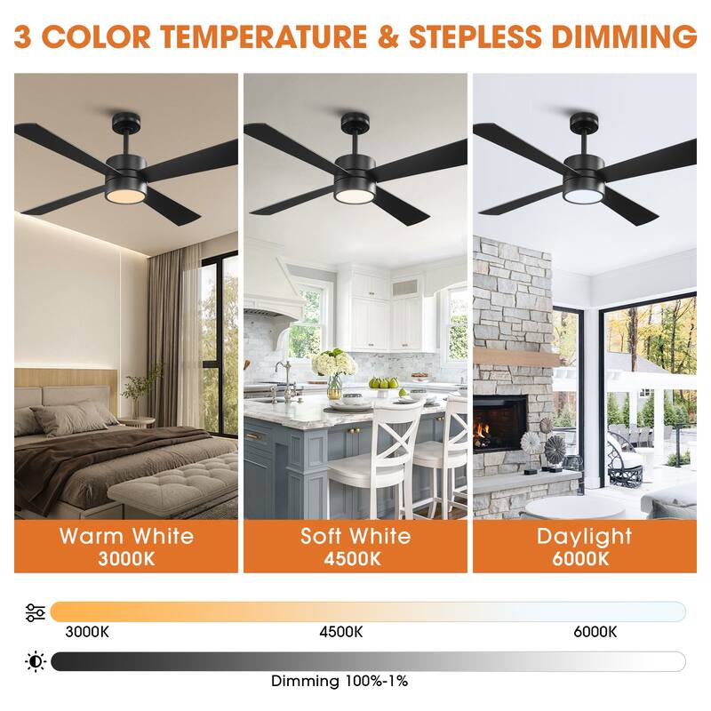 52" Black/ Distressed Brass Smart Dimmable RGB Ceiling Fan with Remote and App Control