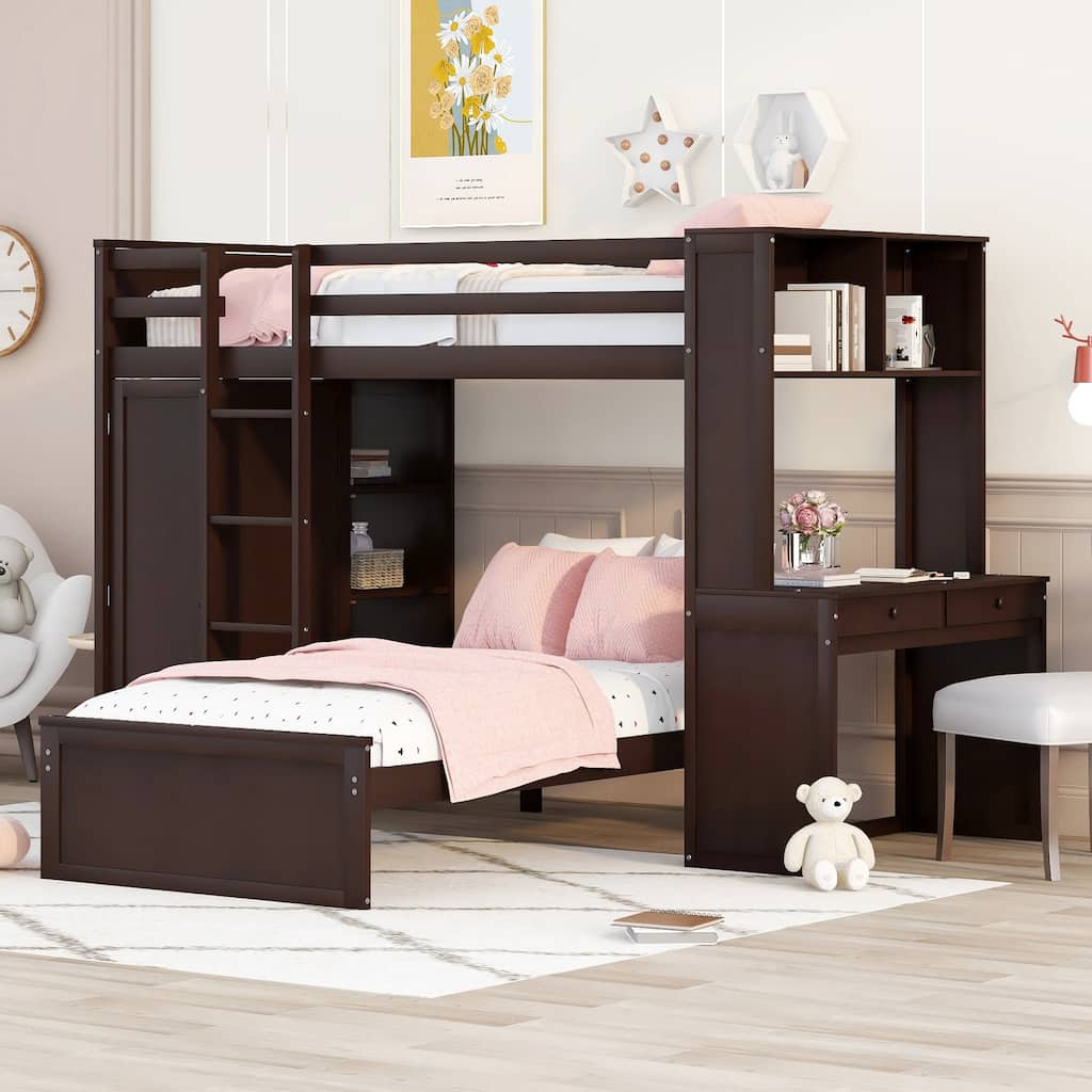 Space-Saving Twin Loft Bed with Desk, Wardrobe, and Additional Bed