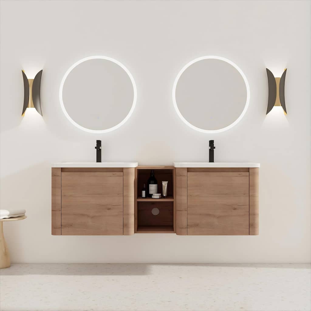 60'' Wall-Mounted Bathroom Vanity with White Ceramic Sink and Storage Shelves & 1-Soft-Close Door, KD-Packing, Plywood