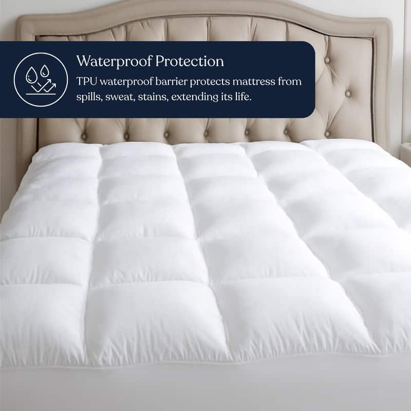 Delara 100% Waterproof 2 IN 1 Mattress Protector & Mattress Pad-Quilted Fitted Down Alternative Mattress Pad Cover - White