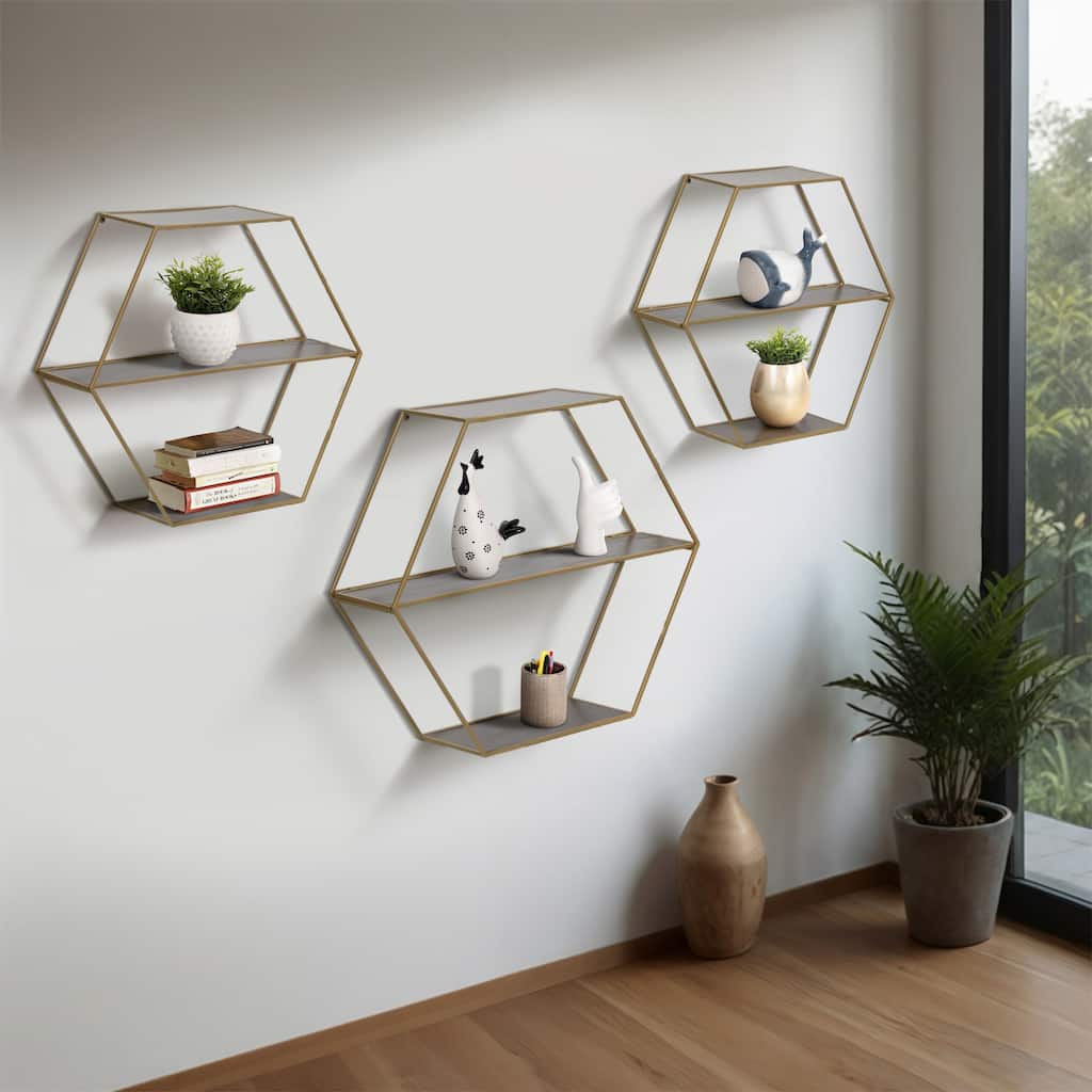 Metal Hexagon Folding Wall Shelf Set - Black, 21/24/26"