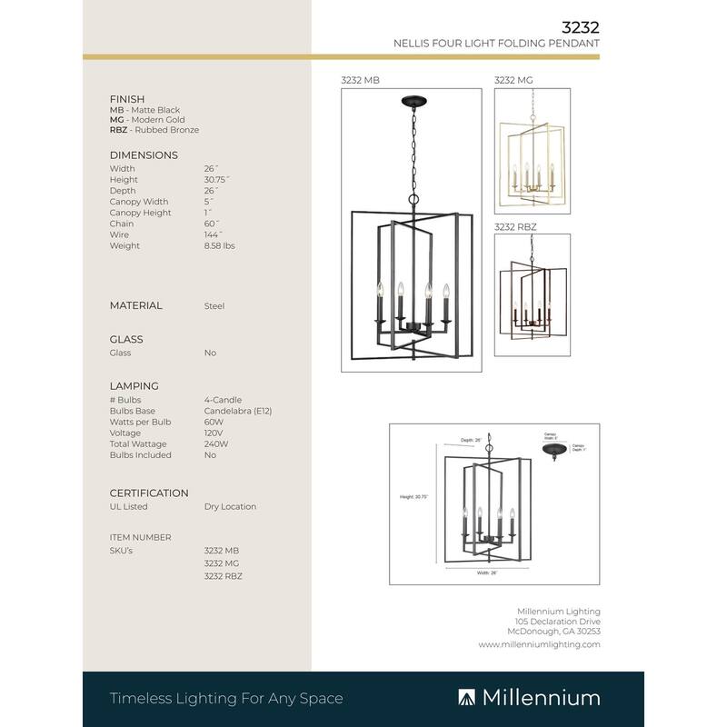Millennium Lighting Nellis 4 Light Pendant Fixture