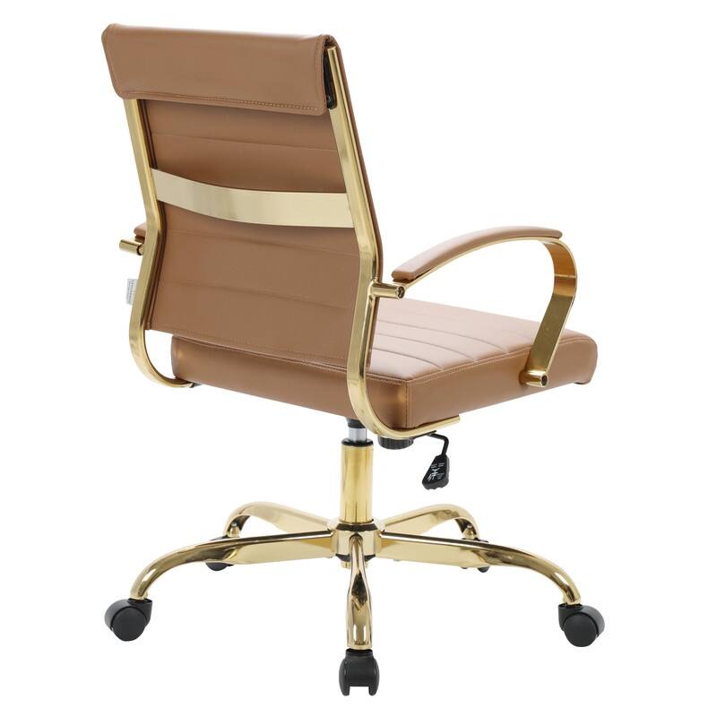Benmar Mid-Back Leather Office Desk Chair in Gold Stainless Steel Frame Adjustable Height Tilt Lock 360 Swivel Ergonomic Chair