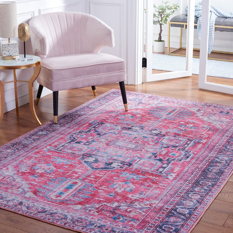 SAFAVIEH Serapi Machine Washable Vallie Medallion Distressed Rug - 6'7" x 9' - Navy/Red