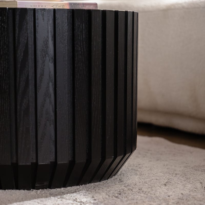 Coffee Table Nesting End Table Set of 2, Modern Black Fluted Coffee Table, Wood Side Table, Circle Accent Tables