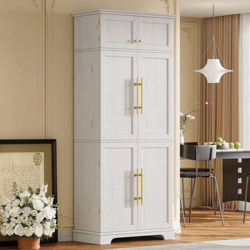 Roomfitters 78" Tall Farmhouse Kitchen Pantry Cabinet with 8 Door Shelves, Wine Rack & Hidden Drawer - White