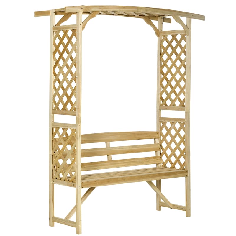 Patio Garden Bench Arbor Arch with Pergola and 2 Trellises,3 Seat Natural Wooden Outdoor Bench for Grape Vines & Climbing Plants - Natural