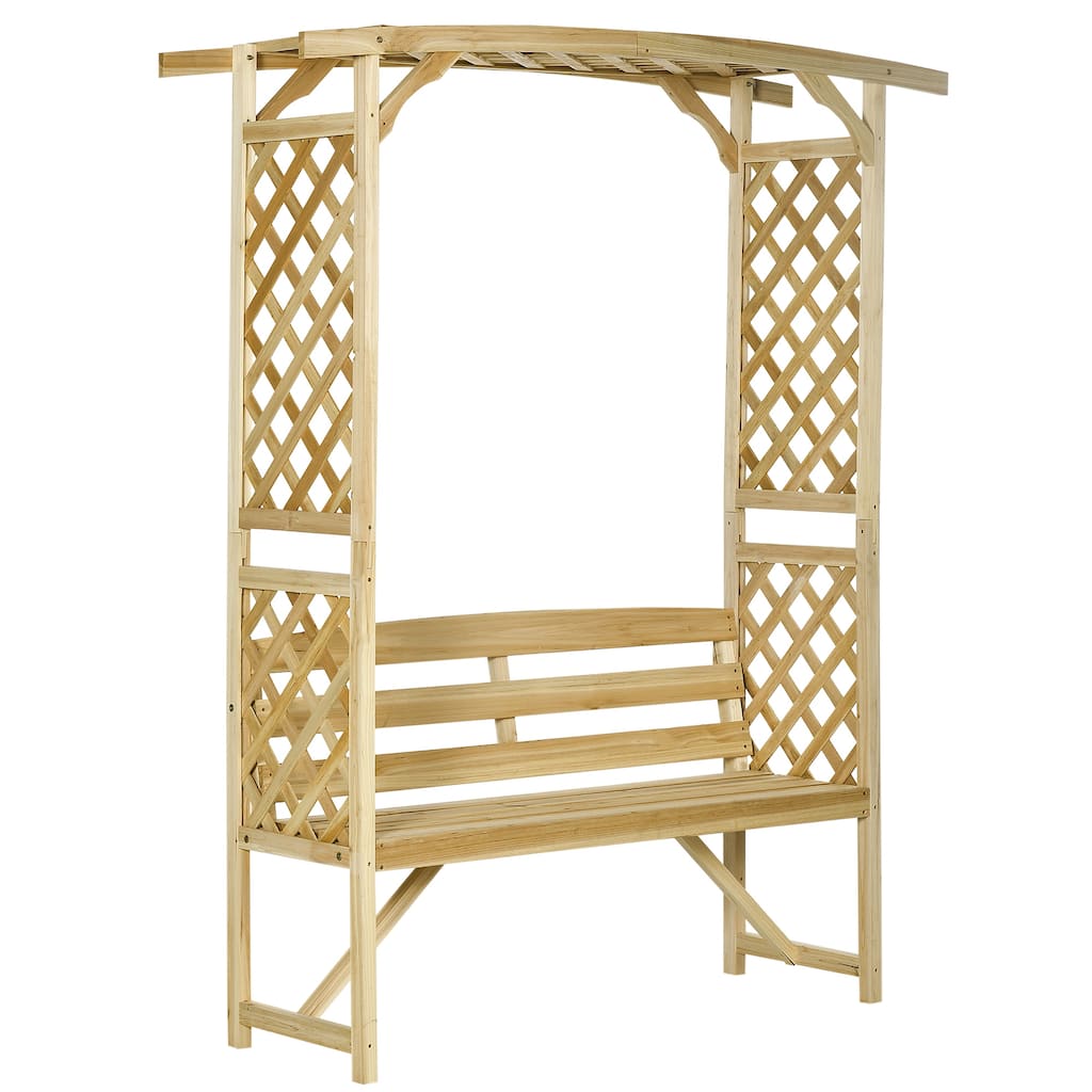 Patio Garden Bench Arbor Arch with Pergola and 2 Trellises,3 Seat Natural Wooden Outdoor Bench for Grape Vines & Climbing Plants