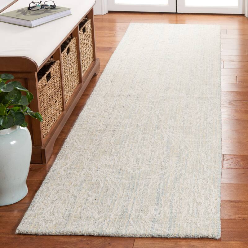 SAFAVIEH Handmade Ebony Fridbjorg Modern Wool Rug - 2'3" x 9' Runner - Light Blue/Ivory