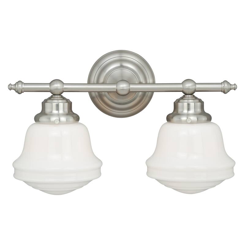 Vaxcel Huntley 2-Light 16-in Satin Nickel Schoolhouse Vanity Light - 16-in W x 10-in H x 7-in D - Satin Nickel - 16-in W x 10-in H x 7-in D