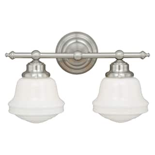 Huntley 2-Light 16 in. W Satin Nickel Farmhouse Bathroom Vanity Lighting Fixture, White Schoolhouse Milk Glass Globe Shade
