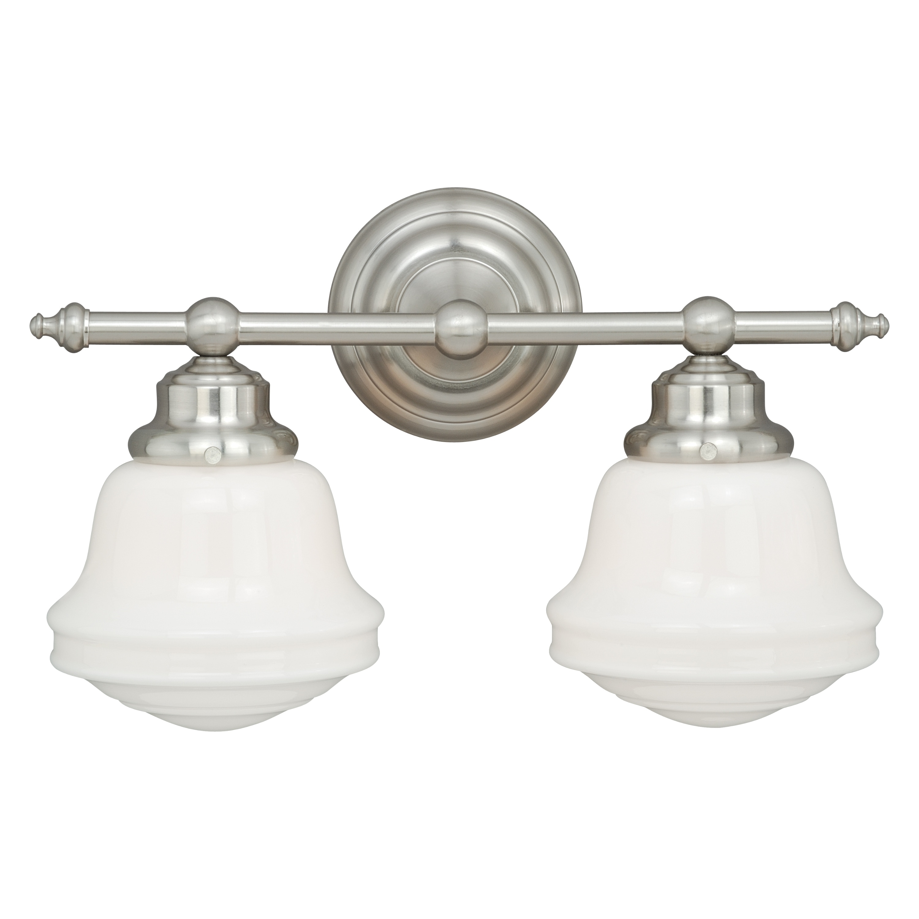 VAXCEL Huntley 2-Light 16 in W Satin Nickel Farmhouse Bathroom Vanity Lighting Fixture, White Schoolhouse Milk Glass Globe Shade
