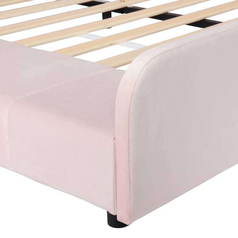 Queen Size Upholstered Grounded Bed, Mother & Child Bed with Bedside Desk and Little Round Stool, Velvet