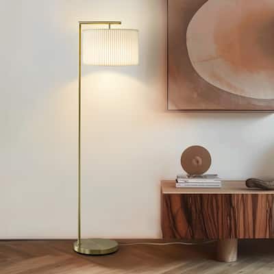 Brightech Montage Modern 60 in. Antique Brass Arc Super Bright LED Transitional Floor Lamp with White Fabric Drum Shade