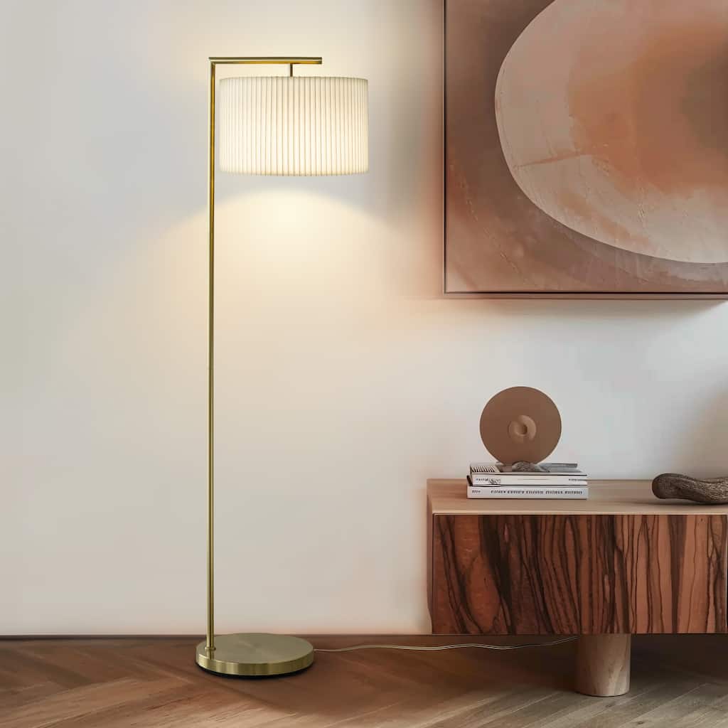 Brightech Montage Modern 60 in. Antique Brass Arc Super Bright LED Transitional Floor Lamp with White Fabric Drum Shade