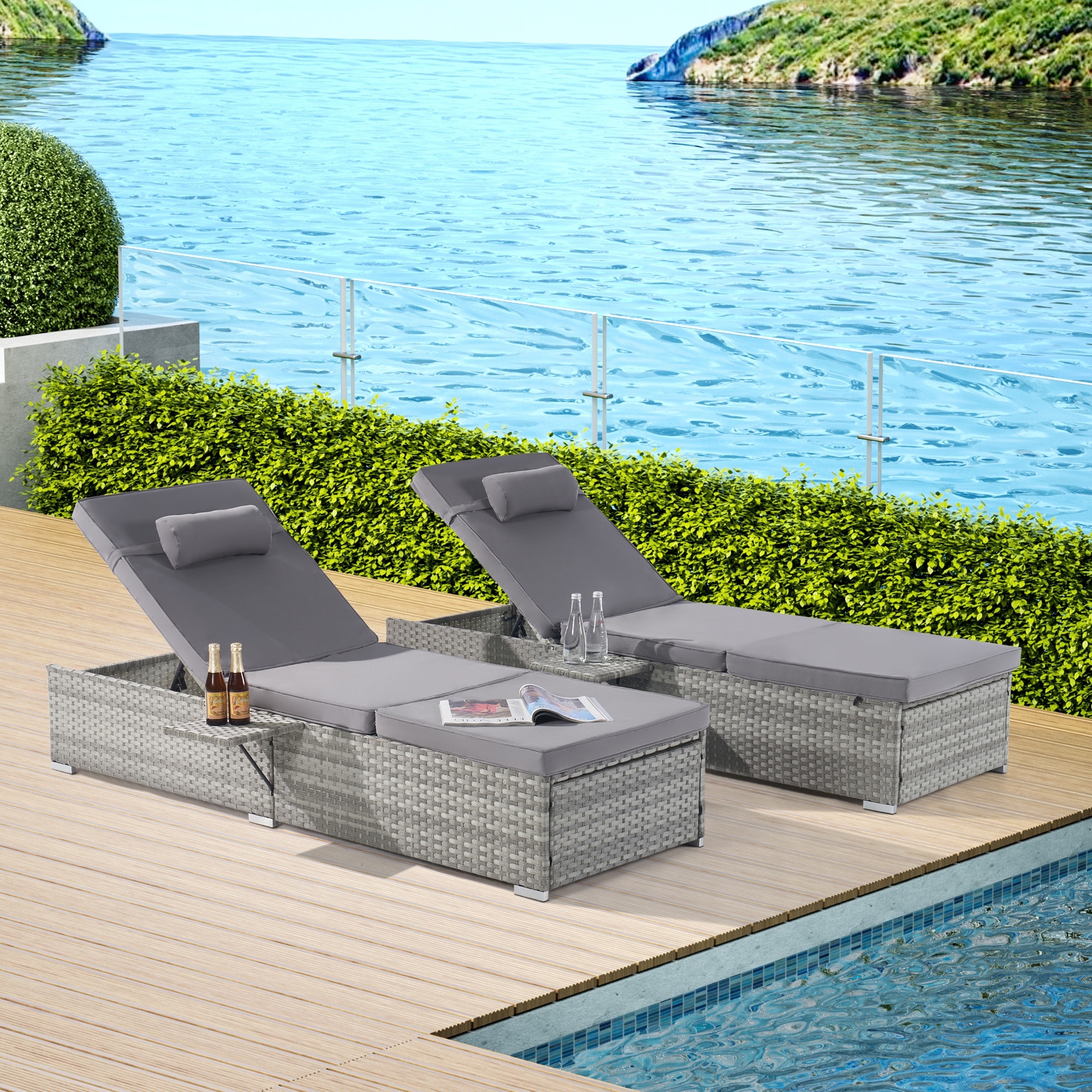 2 Pcs Weatherproof Wicker Patio Recliner Chair, Outdoor Lounge Chair with Breathable Cushion and Adjustable Backrest