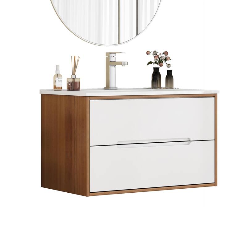 32 Inch Floating Bathroom Vanity with Sink & Double Drawers, Wall-Mounted Bathroom Vanity Base with Ceramic Basin