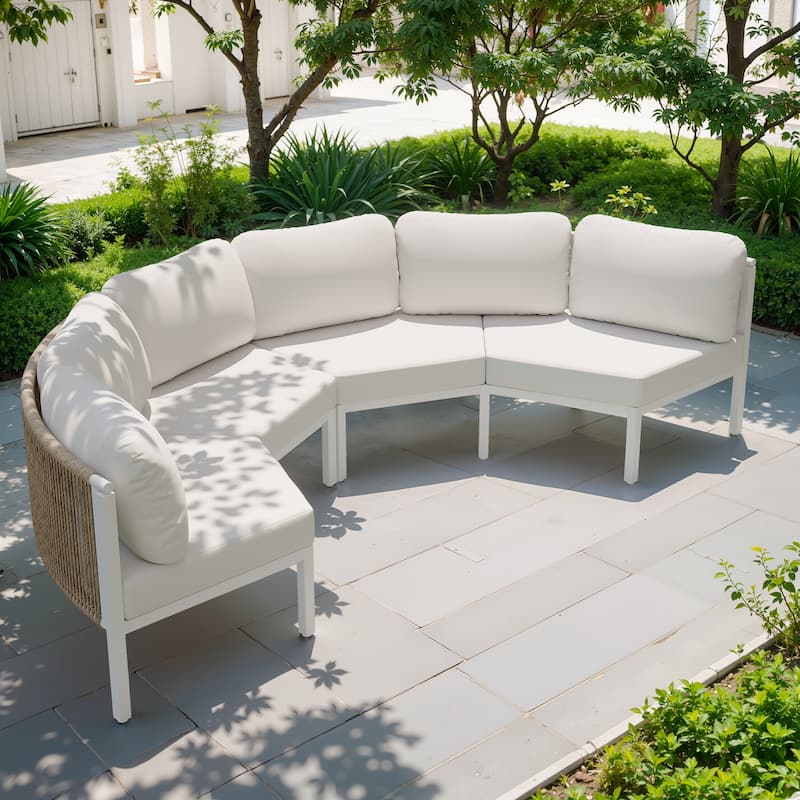 Outdoor Patio Furniture PE Rattan Wicker Half Round Curved Sofa Sectional Set - Beige - 4PC