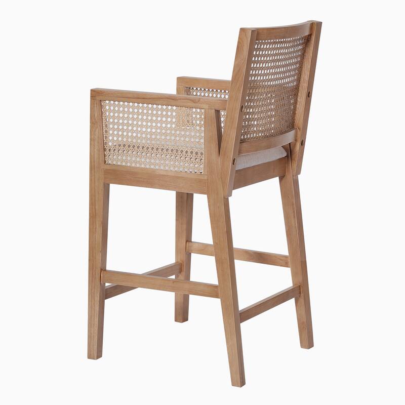 Christopher Knight Home - French Country Wood & Rattan Counter Stools with Upholstered Seat and Arms - Set of 2