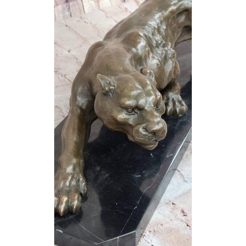 Stalking Panther Cougar Lioness Bronze Sculpture Statue Figure Art On Marble Base