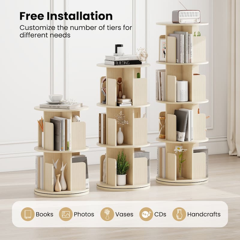Narrow 4-Tier Rotating Storage Bookshelf with Swivel Display and Dividers for Home and Office - 15.5" x 15.5" x 50.5"