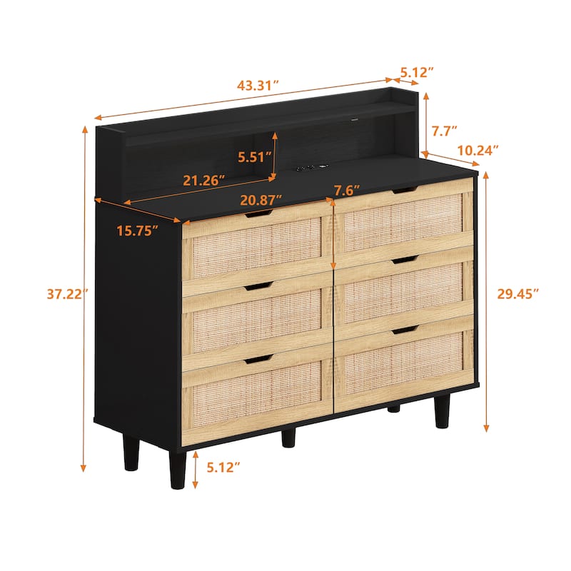 6-Drawers Rattan Storage Cabinet with LED Lights and Power Outlet