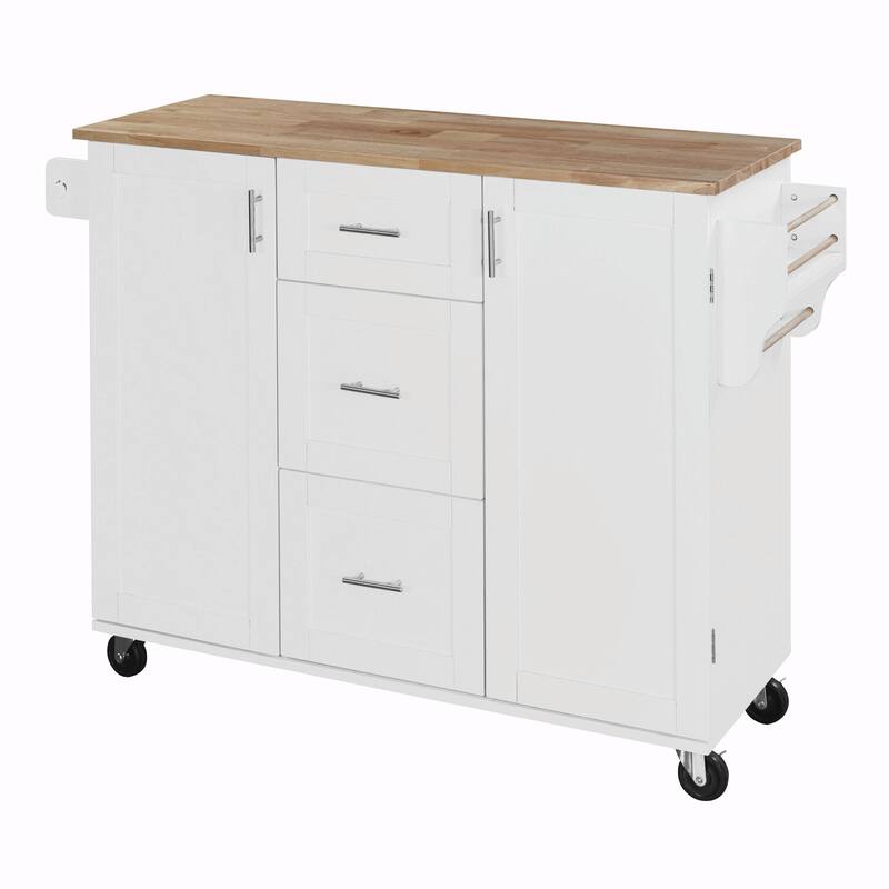 Rolling Kitchen Island with Rubber Wood Top, Drawers, Shelves, Internal Storage, Wheels, Spice & Towel Racks