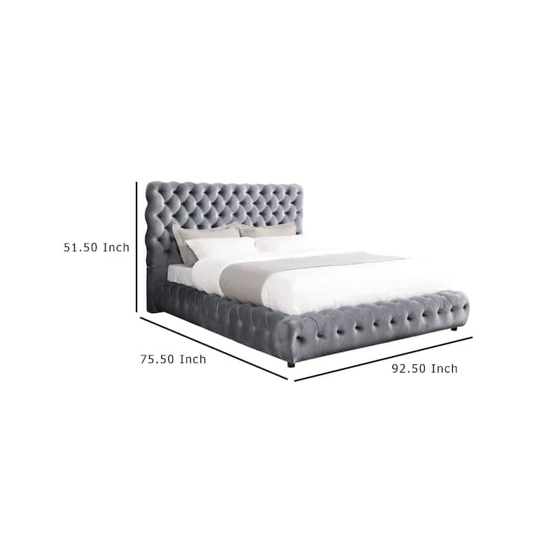 Goy Queen Size Bed, Diamond Tufted Gray Velvet Upholstery, Low Profile