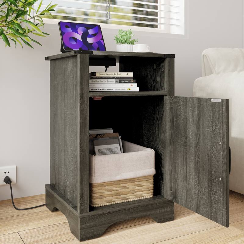 Rustic Farmhouse Nightstand with Charging Station, Dark Gray, Ample Storage