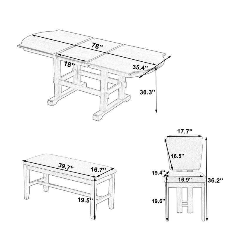 6 Pieces, Extend Dining Table Set with Bench, Removable Leaf and 4 Upholstered Dining Chairs, for kitchen and Dining Room