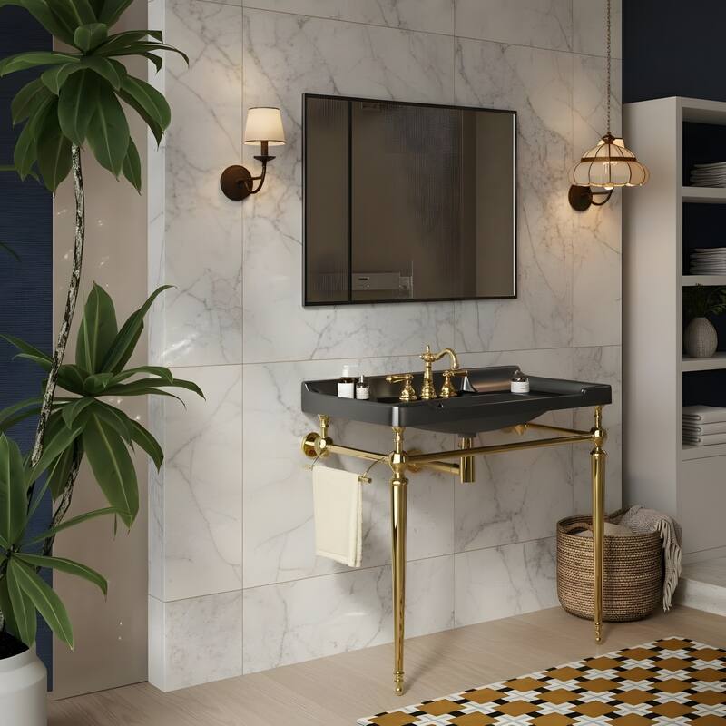 Wall-Mounted Bathroom Vanity with Ceramic Basin and Metal Legs