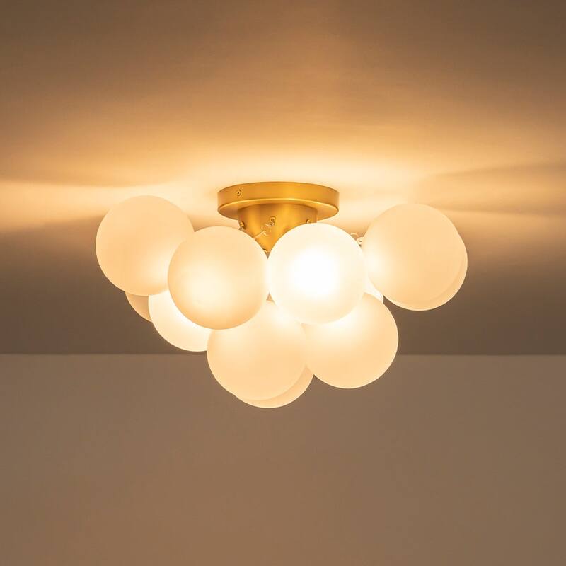 Modern 3-Light Milky Glass Globe Bubble Semi Flush Chandelier 18in