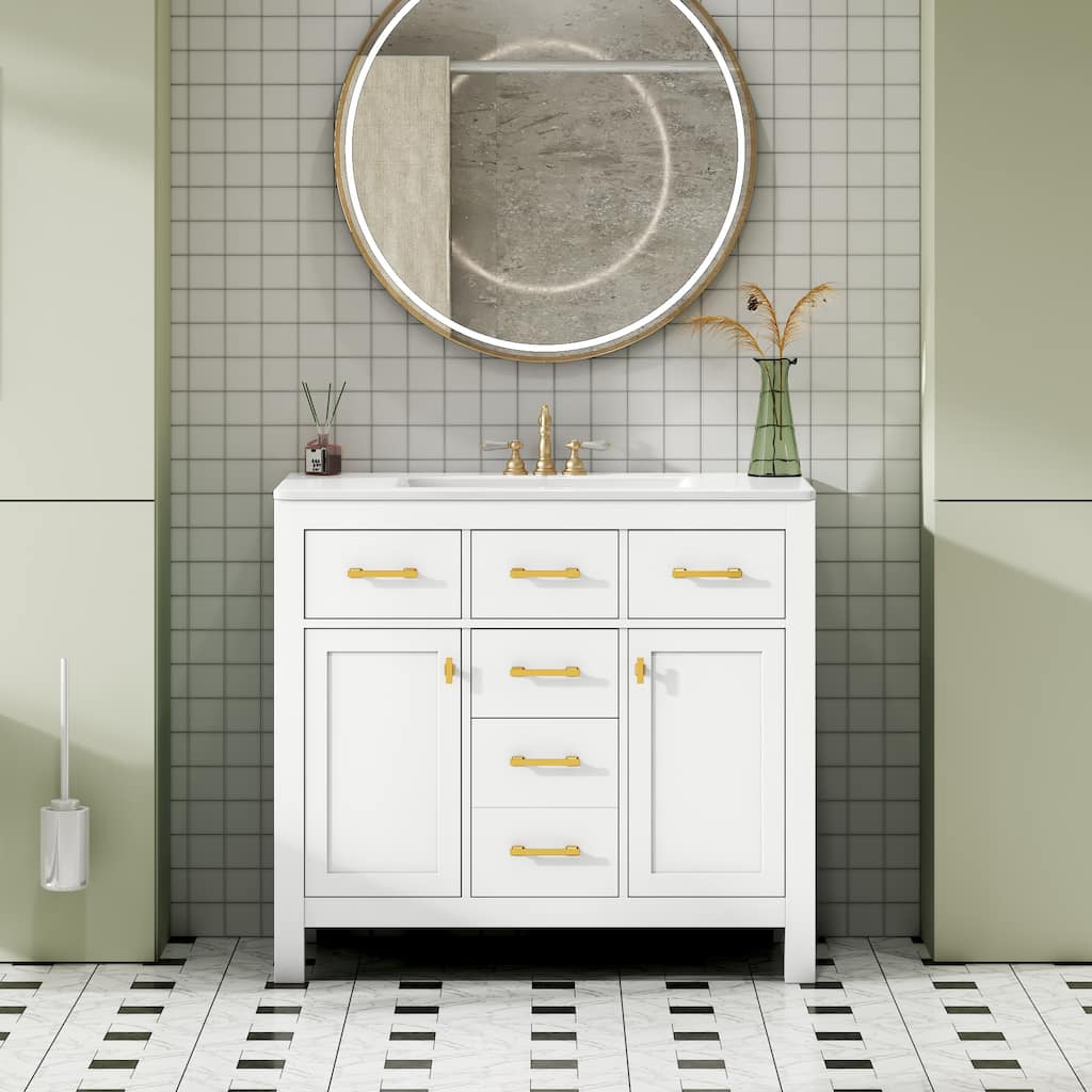 36'' Storage Cabinet for Bathroom Vanity with Ceramic Sink, 4 Drawers, 2 Cabinets and Gold Metal Handles, Freestanding Cabinet
