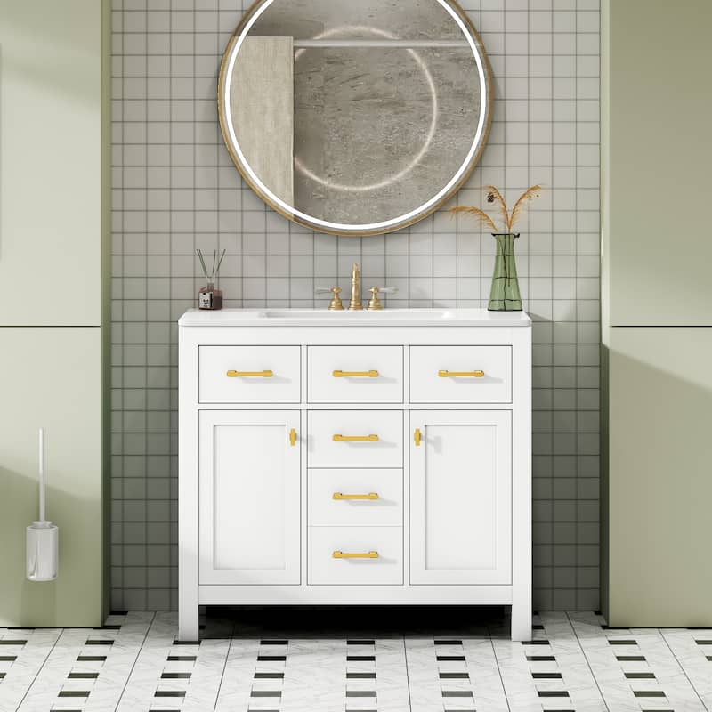 Roomfitters 36" Vanity with Ceramic Sink, Solid Wood Freestanding Cabinet with 4 Drawers and 2 Doors, Storage Unit for Bathroom