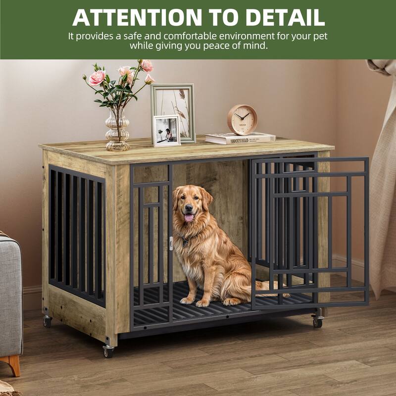 Dog Crate 32"/36" Furniture Wooden Side End Table with Wheels And Tray