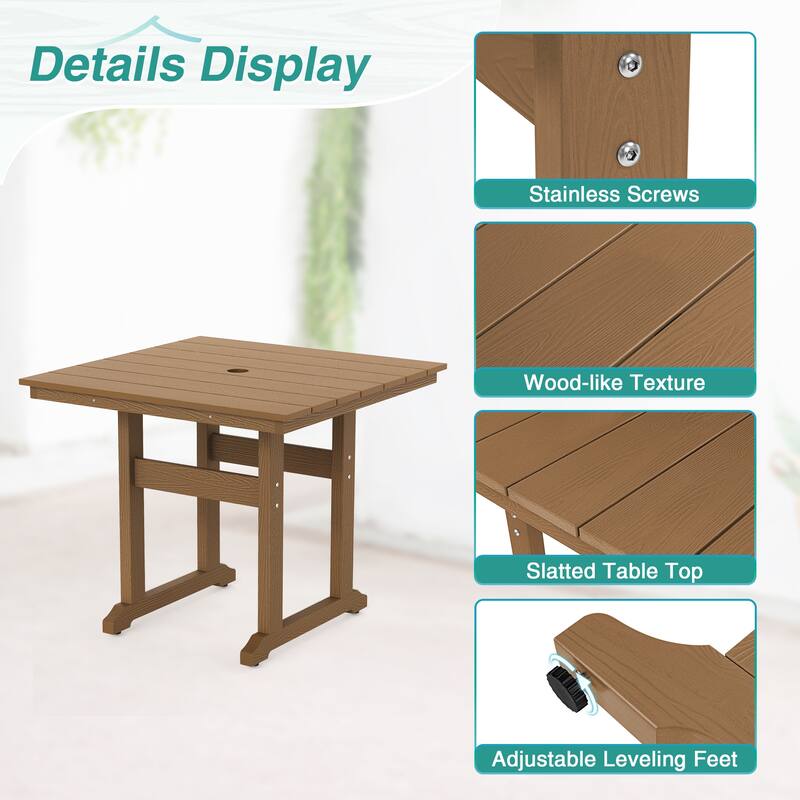 35.2-inch HDPS Outdoor Square Table With Umbrella Holes - 35.2" W x 35.2" L x 30.1" H
