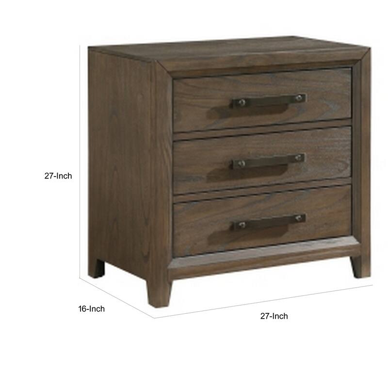 Wyn 27 Inch Nightstand, 3 Drawers, Nickel Handles, Brushed Walnut Brown
